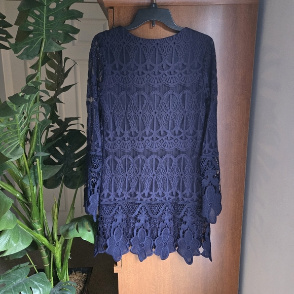 Jodi Kristopher Navy Blue Lace Long Sleeve Crew Neck Dress - Picture 2 of 5